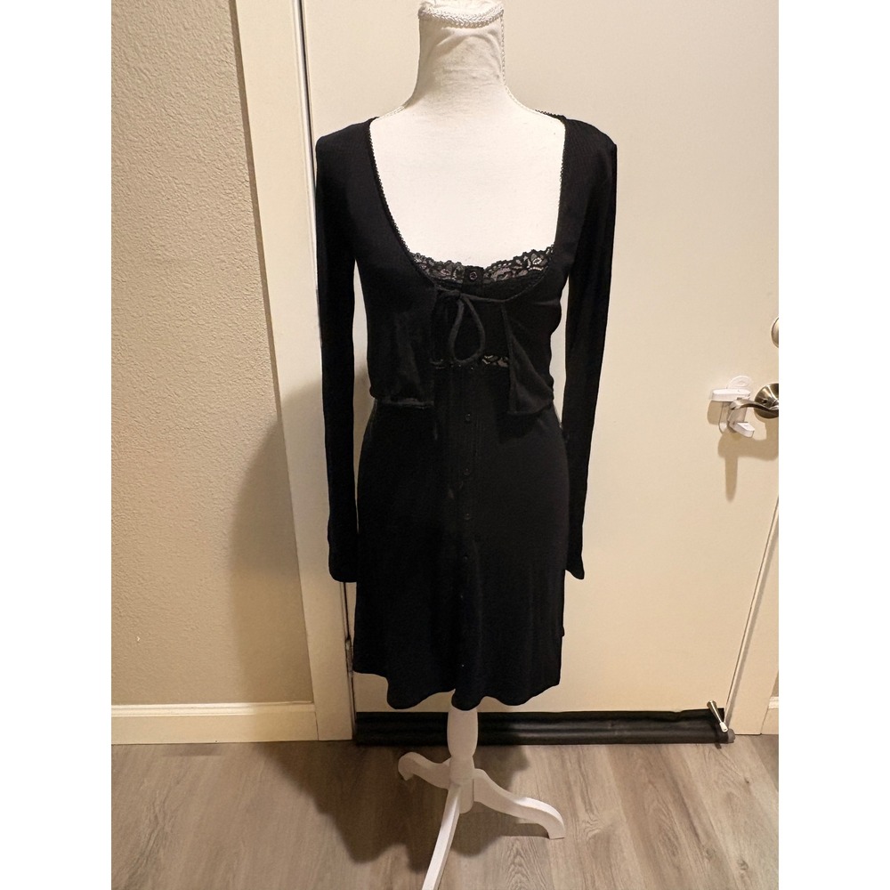 Black Ribbed Lace Trim Mini Dress and Cardigan 2 Piece Set Coquette Gothic